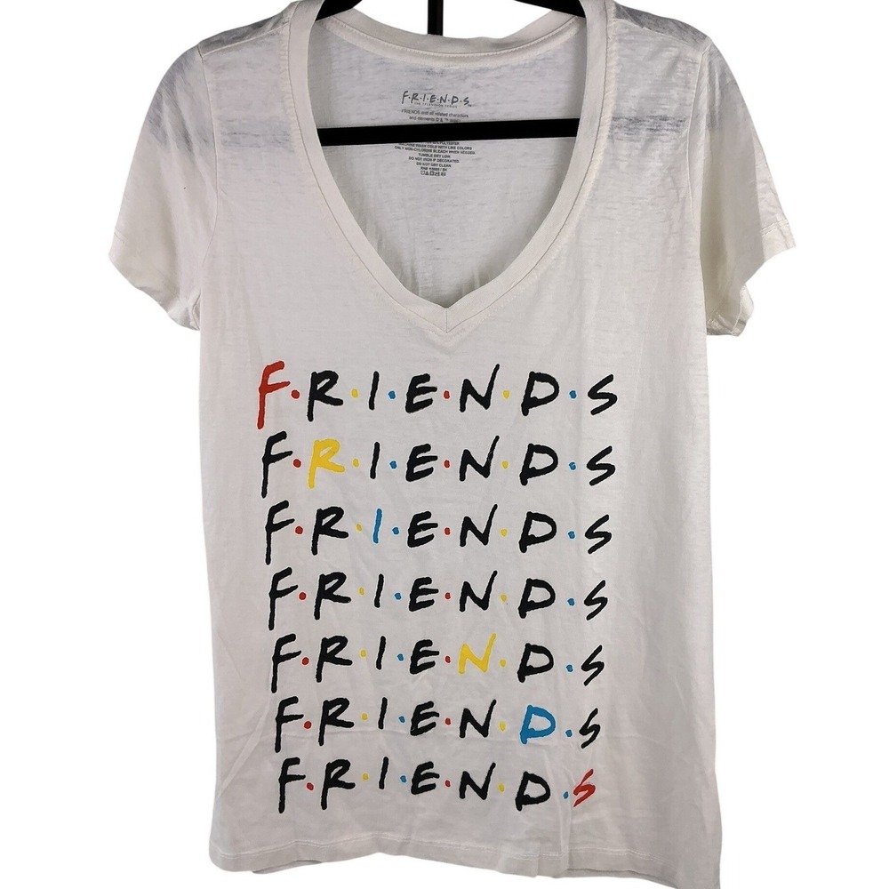 Friends‎ TV Show T Shirt White V Neck Short Sleeve Graphic Tee Women's Size L
